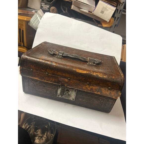 Antique tooled leather steel & wood frame doctors or tool case Moores Wartmann